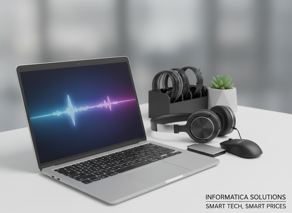 A sleek arrangement of essential tech products displayed on a clean white desk: a slim silver laptop with its screen softly glowing, a matte black wireless mouse, a compact external SSD with brushed metal casing, and a pair of folded over-ear headphones with cushioned earcups. Behind them, neatly coiled charging cables and a minimal black desk organizer suggest everyday practicality. Soft studio lighting from the left creates gentle reflections on metal surfaces and crisp shadows on the desk. The background fades into a subtle gray bokeh, reinforcing focus on the products. Shot from a slightly elevated angle with photographic realism, the mood is professional, organized, and efficient, ideal for an informática store promising useful items at good prices.