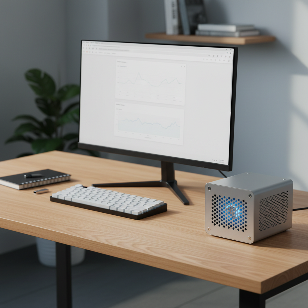 A close-up photographic scene of a modern home office setup featuring a slim 24-inch monitor with ultra-thin bezels, a compact mini PC with a ventilated metal chassis, and a low-profile mechanical keyboard with white backlit keys. The devices rest on a light oak desk with a smooth grain, next to a small, minimalist black notebook and a USB flash drive. Cool, diffused daylight filters in from an unseen window, creating a calm, neutral atmosphere with soft shadows. The composition follows the rule of thirds, with the monitor slightly off-center and the mini PC in the foreground in sharp focus, while the background gently blurs. The overall style is clean, modern, and professional, emphasizing reliable computadora gear for everyday use.