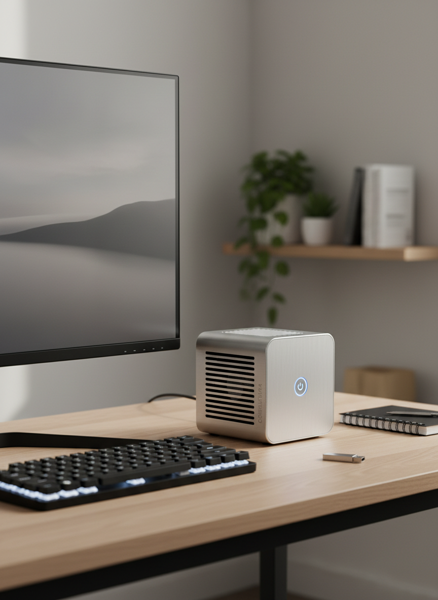 A close-up photographic scene of a modern home office setup featuring a slim 24-inch monitor with ultra-thin bezels, a compact mini PC with a ventilated metal chassis, and a low-profile mechanical keyboard with white backlit keys. The devices rest on a light oak desk with a smooth grain, next to a small, minimalist black notebook and a USB flash drive. Cool, diffused daylight filters in from an unseen window, creating a calm, neutral atmosphere with soft shadows. The composition follows the rule of thirds, with the monitor slightly off-center and the mini PC in the foreground in sharp focus, while the background gently blurs. The overall style is clean, modern, and professional, emphasizing reliable computadora gear for everyday use.