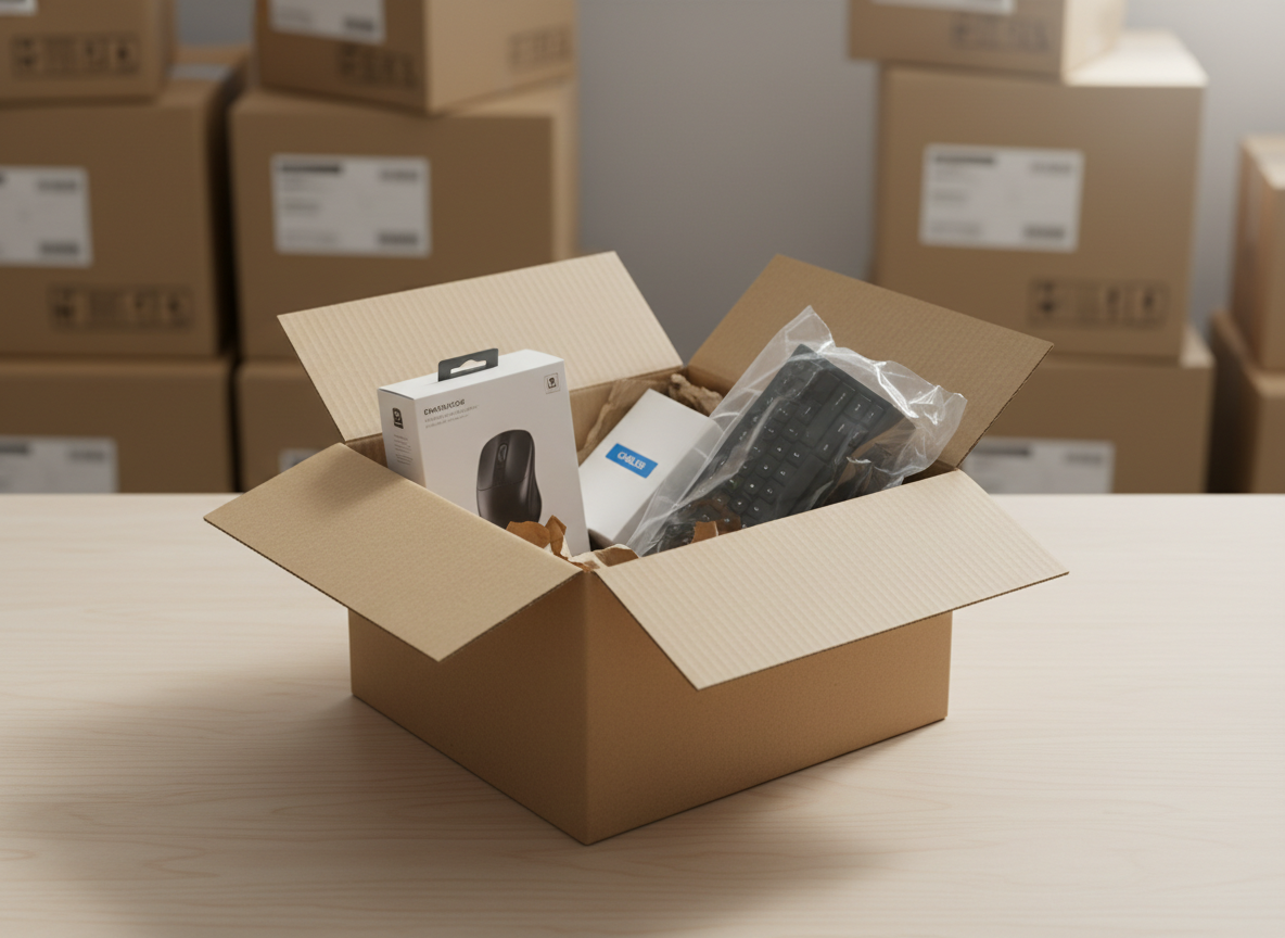 An open cardboard shipping box on a light wooden table, filled with protective brown paper and clearly visible tech products: a carefully boxed computer mouse, a slim keyboard wrapped in translucent protective film, and a small labeled accessory box. The box flaps are upright, casting soft shadows, suggesting a recent delivery. Neutral, diffused daylight from above and slightly to the right brightens the scene, highlighting the clean, undamaged condition of the packaging. The background shows a softly blurred stack of other labeled boxes, indicating efficient logistics. Shot at eye level with moderate depth of field for photographic realism, the atmosphere feels reliable, professional, and customer-focused, reinforcing the idea of fast, secure deliveries from a trustworthy informática business.