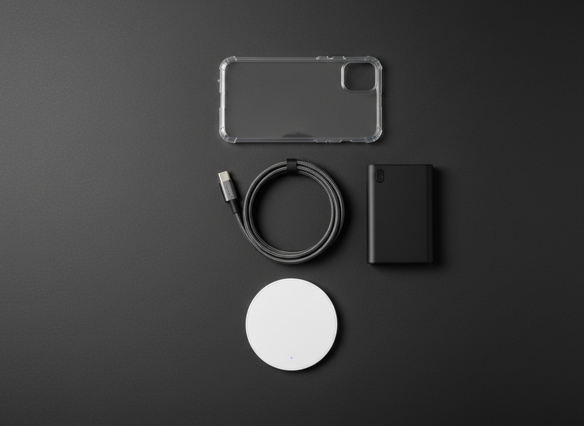 A neatly arranged flat lay of budget-friendly tech accessories on a dark charcoal background: a durable braided USB-C cable, a compact power bank with a matte rubberized finish, a transparent phone case with reinforced corners, and a small wireless charger with a discrete LED indicator. Each item is spaced evenly to suggest clarity and choice. Overhead soft studio lighting highlights textures and subtle reflections without harsh glare, creating gentle gradients across the surfaces. The mood is practical and trustworthy, emphasizing value and everyday utility. Photographic realism with high detail allows customers to almost feel the materials. The composition is symmetrical and balanced, creating a visually organized presentation perfect for an online informática shop focused on useful daily items at good prices.