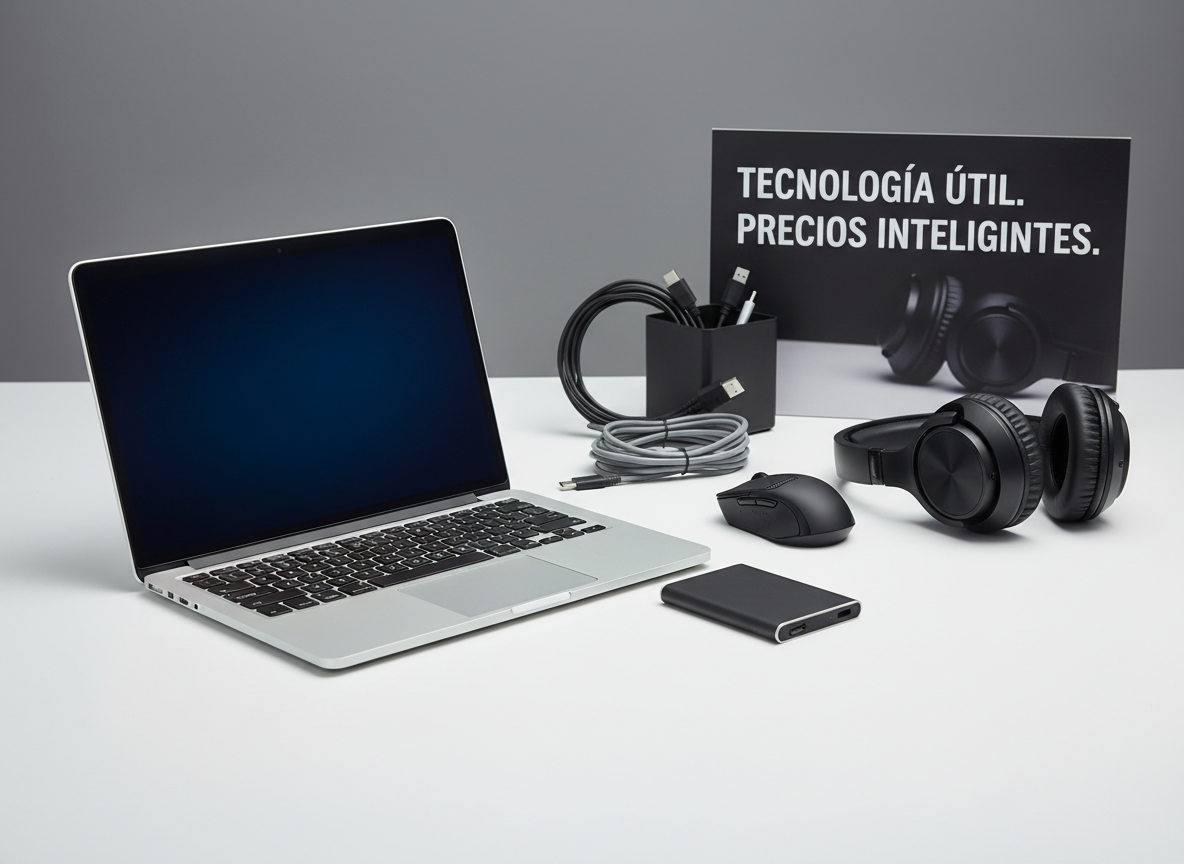 A sleek arrangement of essential tech products displayed on a clean white desk: a slim silver laptop with its screen softly glowing, a matte black wireless mouse, a compact external SSD with brushed metal casing, and a pair of folded over-ear headphones with cushioned earcups. Behind them, neatly coiled charging cables and a minimal black desk organizer suggest everyday practicality. Soft studio lighting from the left creates gentle reflections on metal surfaces and crisp shadows on the desk. The background fades into a subtle gray bokeh, reinforcing focus on the products. Shot from a slightly elevated angle with photographic realism, the mood is professional, organized, and efficient, ideal for an informática store promising useful items at good prices.