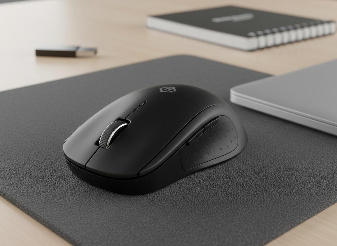 A detailed product shot of a budget-friendly yet stylish wireless mouse resting on a textured dark gray mouse pad beside a slim laptop edge. The mouse features a smooth matte black surface, subtle side grips, and a small, tasteful logo. Its scroll wheel has a metallic accent that catches the light. Soft, focused studio lighting from above creates a refined highlight along the mouse’s curves and a clean shadow on the pad, emphasizing its ergonomic shape. The background is gently blurred but suggests a tidy desk with a closed notebook and flash drive. Captured at a low, three-quarter angle with photographic realism, the mood is professional and approachable, showcasing an everyday informática accessory that feels both affordable and high quality.